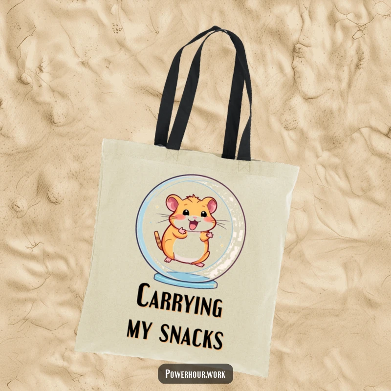 Funny tote bag showcasing an energetic hamster spinning rapidly in a transparent wheel, perfect for carrying daily essentials.