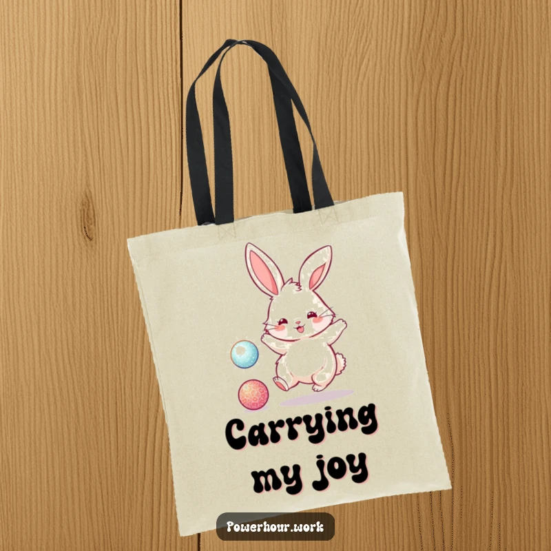 Funny tote bag showcasing a fluffy bunny rabbit energetically bouncing a sparkly ball, perfect for carrying joy and essentials.