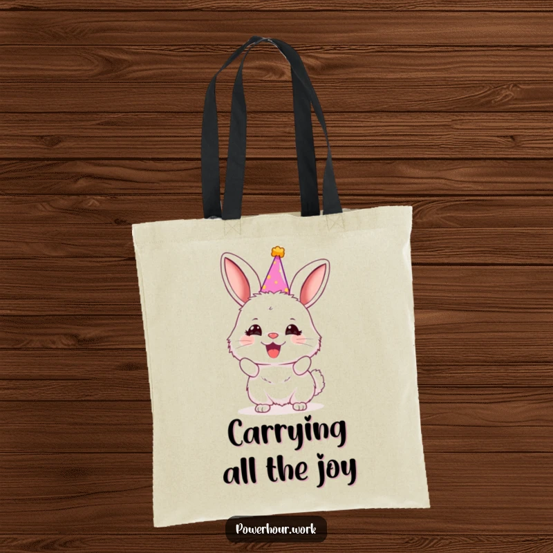 Funny fluffy bunny in a miniature party hat, enthusiastically cheering, on a durable and stylish tote bag.