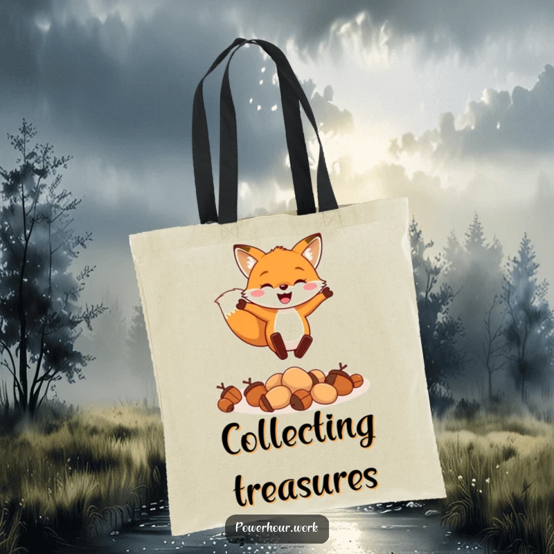Funny tote bag showcasing a cheerful fox enthusiastically leaping over a small pile of acorns, perfect for everyday adventures.