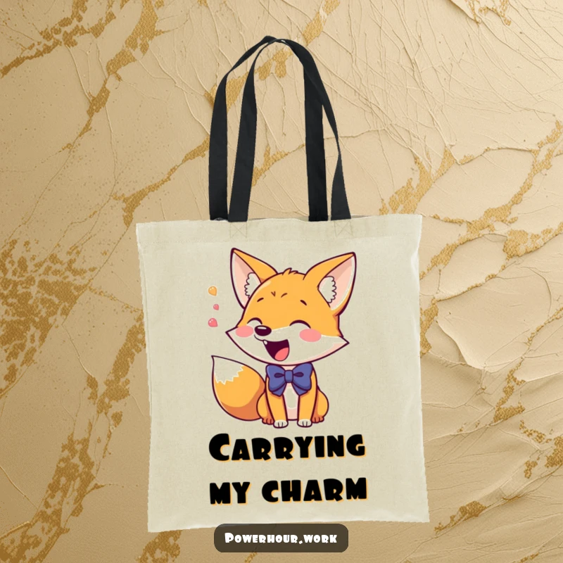 Funny Tote Bag with a giddy fox in a bowtie, excitedly chattering, perfect for carrying essentials with a dose of personality.