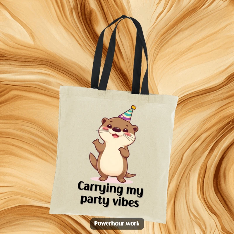 Funny Tote Bag featuring a cheerful otter in a party hat, energetically doing a silly dance, making errands more enjoyable.