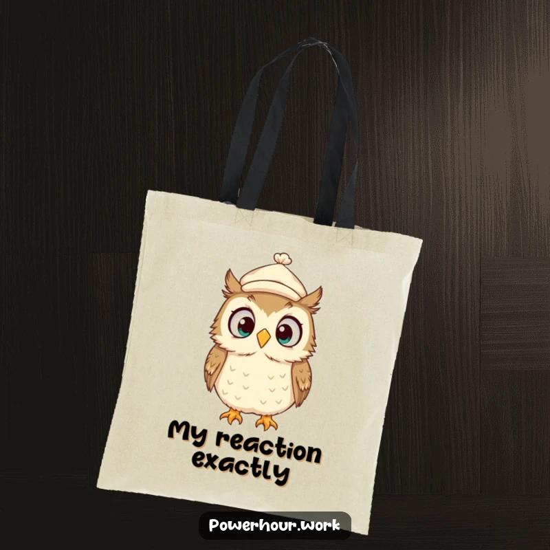Funny Tote Bag with a surprised owl in a tiny cap, looking around wildly, adding a touch of comical surprise to your day.