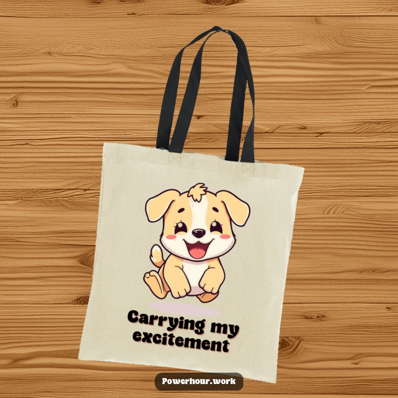 Funny energetic puppy doing a happy pounce, on a durable and stylish tote bag.