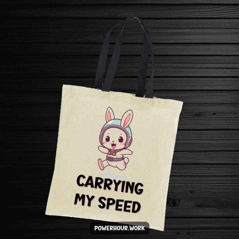 Funny Tote Bag with a bouncy rabbit in a small helmet, in a quick dash, perfect for carrying essentials with speed and fun.