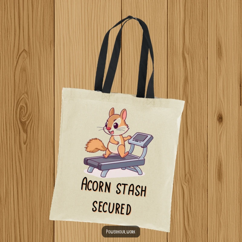 Funny tote bag featuring a determined squirrel enthusiastically running on a miniature treadmill, embodying a spirit of active achievement.