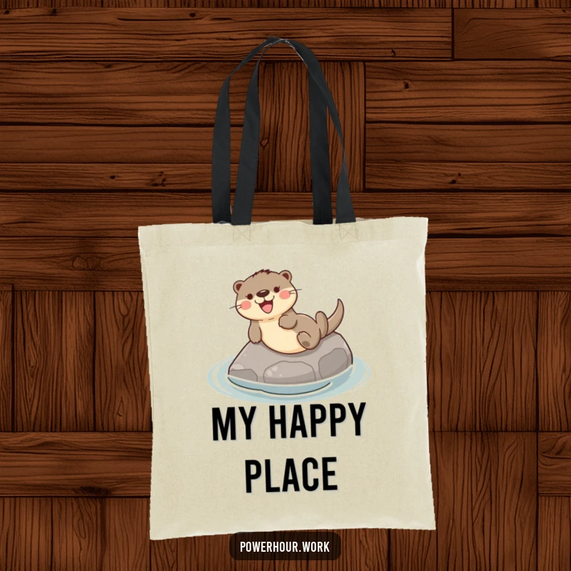 Funny tote bag showcasing a playful otter gleefully sliding down a smooth river stone, perfect for carrying essentials with flair.